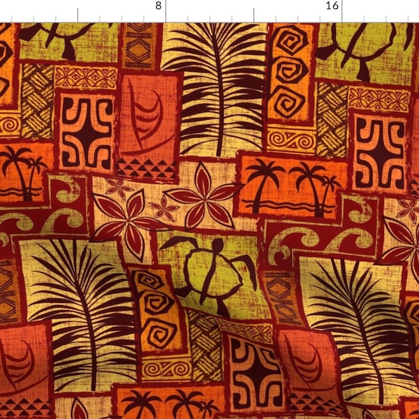 Hawaiian Fabric - Moku Malihini On Red By Madtropic - Hawaii Vintage Mod Red Orange Yellow Brown Cotton Fabric By The Yard With Spoonflower