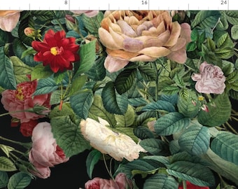 May include: A seamless pattern featuring a variety of pink, red, and white roses with green leaves on a black background.