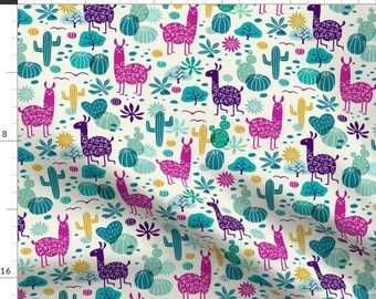 Llama Fabric - Llamas In The Desert By Heleen van den Thillart -Cactus Desert Llama Cotton Fabric By The Yard With Spoonflower