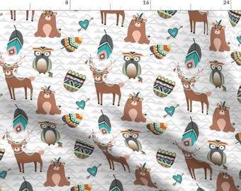 Woodland Tribal Fabric by the Yard - Tribal Woodland Creatures By Rocky Rocks Designs - Deer Cotton Fabric By The Yard With Spoonflower