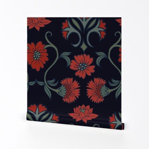 Floral Wallpaper - Art Nouveau Red Roses Floral By Diseminger - Floral Custom Printed Removable Self Adhesive Wallpaper Roll by Spoonflower