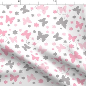 Girl Nursery Fabric - Pink Gray Butterfly Garden By Decamp Studios - Girl Nursery Butterfly Pink Cotton Fabric By The Yard With Spoonflower