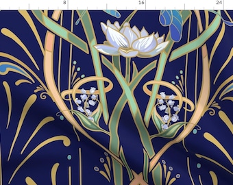 Auffälliger Jugendstilstoff – Jugendstil-Libellen Blau von Southwind – Großflächiger Libellenstoff Aqua Lotus von Spoonflower