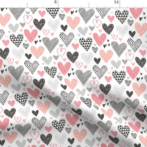 Heart Fabric - Hearts Geometrical Love Valentine Blackwhite Peach By Caja Design - Hearts Cotton Fabric By The Yard With Spoonflower