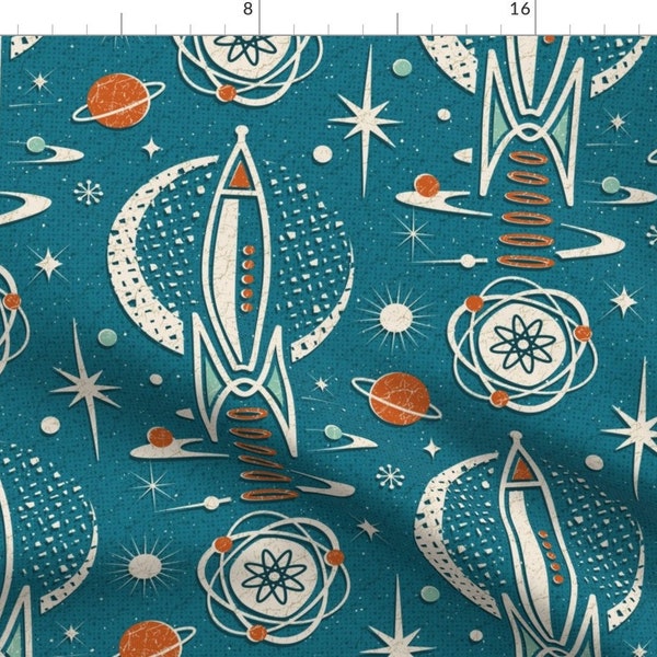 Space Fabric - Atomic Age Space Exploration by studioxtine - Retro Atomic Atom Rockets Planets Starburst  Fabric by the Yard by Spoonflower