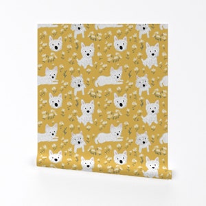 Westie Wallpaper - Westie Dog Floral Yellow By Canigrin - Yellow Westie Custom Printed Removable Self Adhesive Wallpaper Roll by Spoonflower