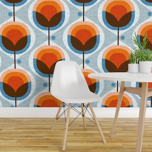 Mid Century Wallpaper - Mid Century Damask By Ottomanbrim - Blue Orange Floral Geo Removable Self Adhesive Wallpaper Roll by Spoonflower