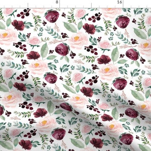 Burgundy Florals Fabric - Wild At Heart Floral by shopcabin - Pink Boho Flowers Watercolor Roses Fabric by the Yard by Spoonflower