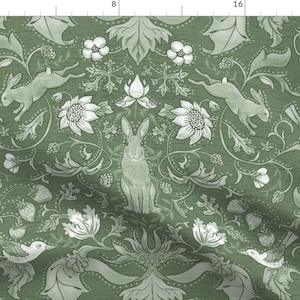 Sage Woodland Fabric - Rabbits In The Hedgerow by vinpauld - Damask Rabbits Flowers Birds Victorian Forest Fabric by the Yard by Spoonflower