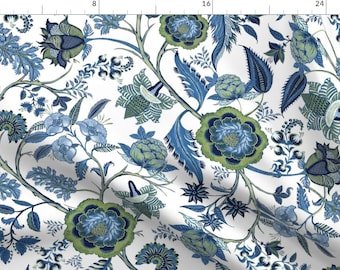 Blue Chintz Floral Fabric - Indian Chinoiserie by chrissyink - Retro 1970s Blue White Chinoiserie Regency Fabric by the Yard by Spoonflower