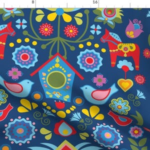 Scandi Mod Birdhouse Fabric - Swedish Folk Art Garden By Lydesign - Folk Art Floral Bird Flowers Cotton Fabric By The Yard With Spoonflower