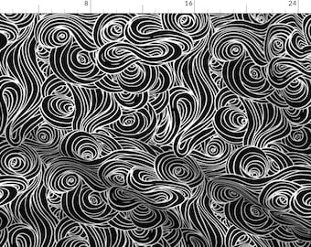 Black Swirls Fabric - Clouds // Black Storm By Willowlanetextiles - Black White Swirls Clouds Cotton Fabric By The Yard With Spoonflower