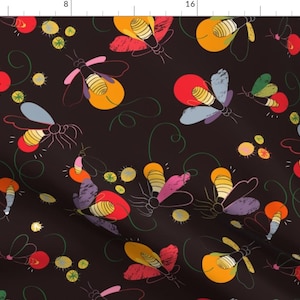 May include: A black background with a repeating pattern of colorful fireflies. The fireflies are drawn in a whimsical style with different colors and shapes.