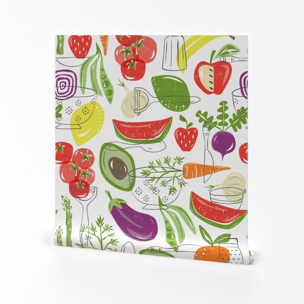 Veggie Wallpaper - Farm Fresh By Heatherdutton - White Green Gardening Kitchen Produce Removable Self Adhesive Wallpaper Roll by Spoonflower