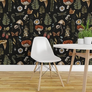 Woodland Peel and Stick Wallpaper - Fern Moth Dragonfly Mushroom Wildflowers - Removable Wall Decor Art - Mushrooms On Black by depiano