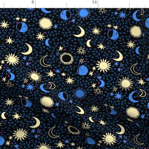 Stars Fabric - Bedtime Moon Stars Night - By Andrea Lauren - Stars Moons Celestial Blue Yellow Cotton Fabric By The Yard With Spoonflower