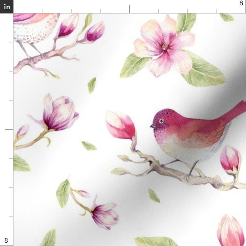 Watercolor Birds and Flowers Fabric Magnolia Bird by Etsy