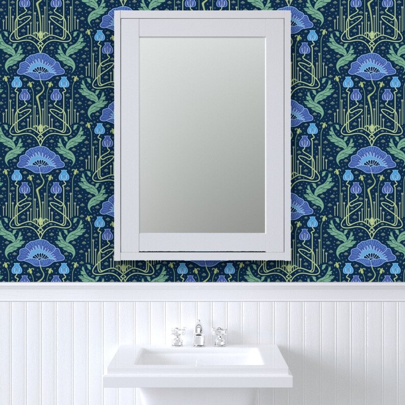 Poppy Flower Wallpaper Art Nouveau Poppies Blue by bamokreativ Victorian Damask Removable Peel and Stick Wallpaper by Spoonflower image 8