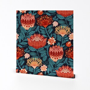 Floral Wallpaper - Protea Chintz - Navy (Large Version) By Tigatiga - Custom Printed Removable Self Adhesive Wallpaper Roll by Spoonflower