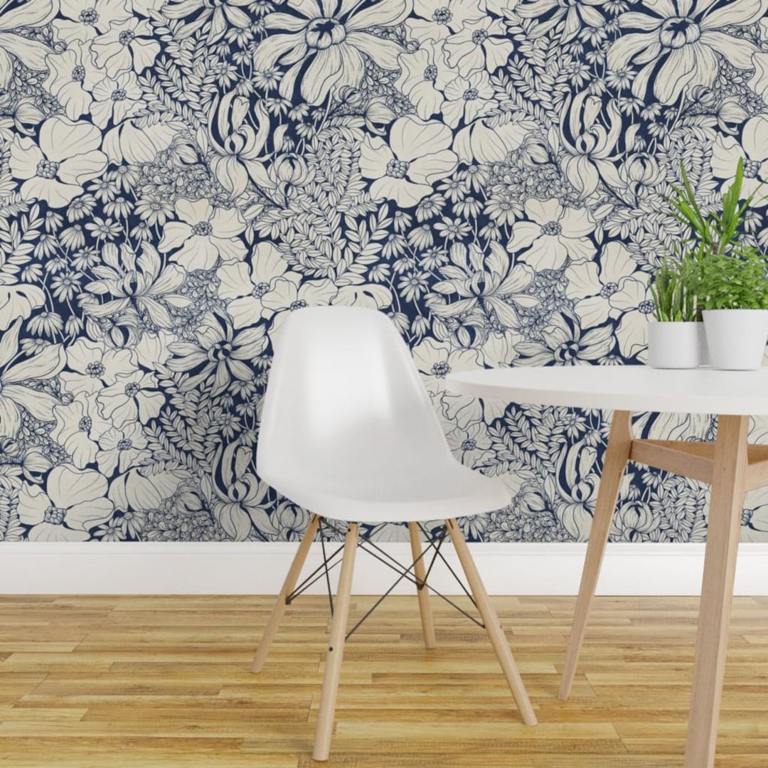 Floral Peel and Stick Wallpaper - Modern Botanical Dark Blue Cream ...
