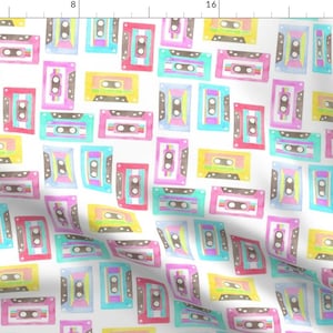 Mix Tape  Fabric - Summer Mix Tape By Erinanne- Watercolor Audio Tape 80s Music Retro Pop Culture Cotton Fabric By The Yard With Spoonflower