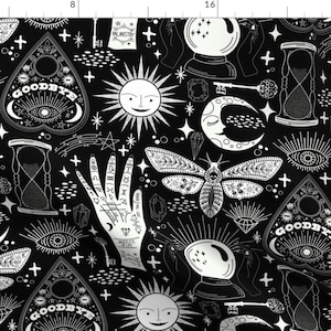 Moon Fabric - Enchanted - Enchantment -black & White by carrie_cantwell - Moth Sun Eye Celestial Gothic  Fabric by the Yard by Spoonflower