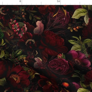 Floral Fabric - Moody Florals By Utart - Red Black Vintage Dark Roses Beautiful Ornate Decorative Cotton Fabric By The Yard With Spoonflower