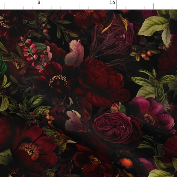 Floral Fabric - Moody Florals By Utart - Red Black Vintage Dark Roses Beautiful Ornate Decorative Cotton Fabric By The Yard With Spoonflower