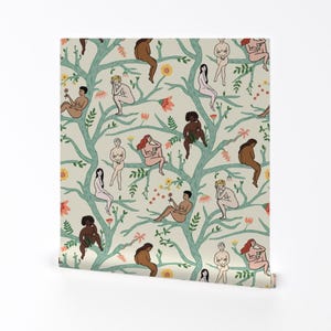 Boho Women Removable Peel and Stick Wallpaper - Floral Trees Turquoise Botanical Naked - Wall Art Wall Decor - Women In Trees by dasbrooklyn