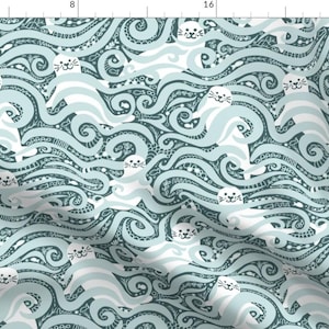 Mint Seal Arctic Green Ocean Fabric - Playful Seals By Creativeinchi - Arctic Animals Seal Blue Cotton Fabric By The Yard With Spoonflower