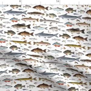 May include: A white background with a repeating pattern of various types of fish, including catfish, bass, trout, and perch. The fish are all drawn in a realistic style and are arranged in a random pattern.