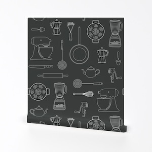 Kitchen Wallpaper - Kitchen Tools (White On Dark Gray) By Johannak - Gray Gadgets Food Removable Self Adhesive Wallpaper Roll by Spoonflower