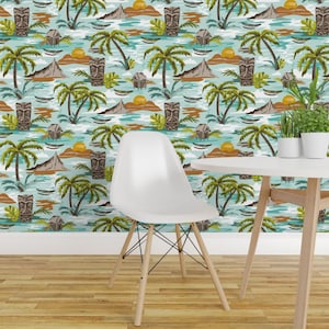 Palm Tree Wallpaper - Lost Paradise Aqua By Heatherdutton - Tropical Custom Printed Removable Self Adhesive Wallpaper Roll by Spoonflower