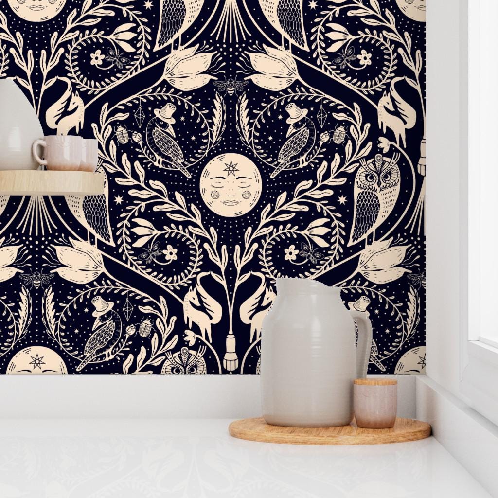 Celestial Damask Removable Peel and Stick Wallpaper - Whimsical Gothic ...