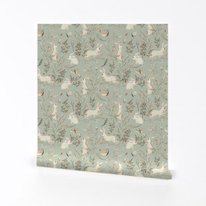 Bunny Wallpaper - Bunnies Dusky Green By Katherine Quinn - Green Bunny Custom Printed Removable Self Adhesive Wallpaper Roll by Spoonflower