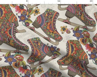 Ice Skating Fabric - Let's Skate by valentinaharper - Skates Retro Doodles Flower Power 70s Winter Sports  Fabric by the Yard by Spoonflower