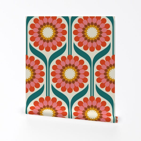 Floral Removable Peel and Stick Wallpaper - Flowers Retro Folk Folk Art Scandi Red - Wall Art Wall Decor - Zinnia Vibes - Jumbo by katerhees