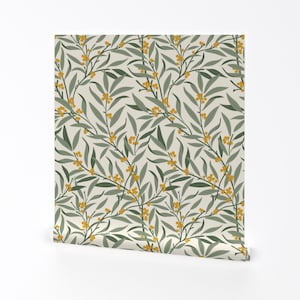 Carta da parati rimovibile floreale con sbucciatura e bastone - Foglie gialle Forsythia Art Nouveau - Decorazione murale - Forsythia Nouveau di nessnordberg