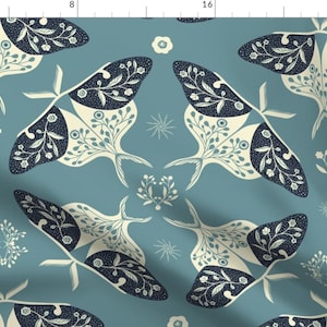 Lunar Moths Fabric - Nocturnal Moths Blue By Francisca Reyes - Blue Navy White Floral Symmetrical Cotton Fabric By The Yard With Spoonflower