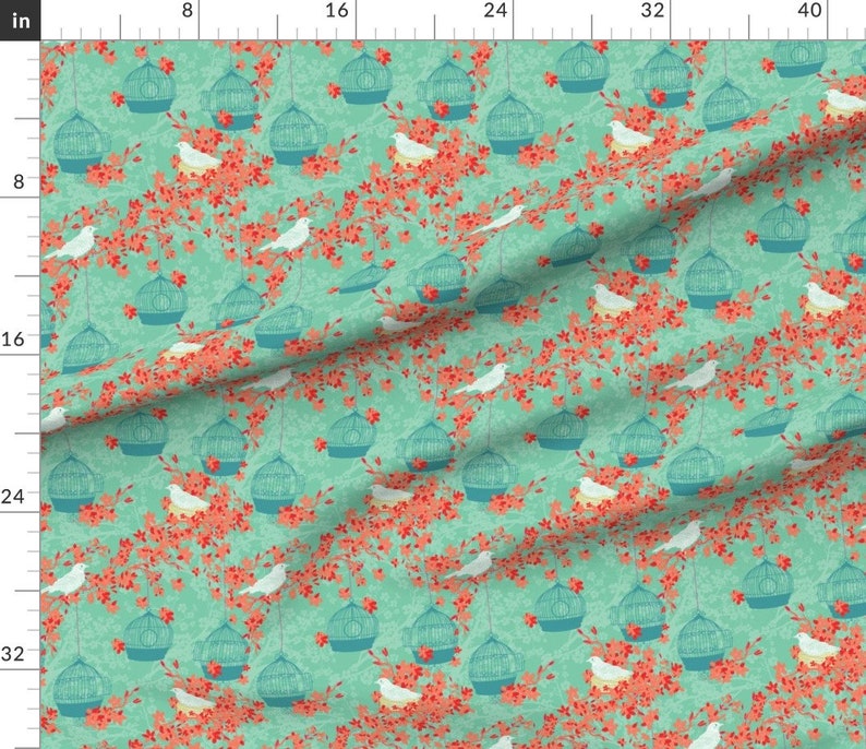 Cherry Blossoms Fabric Cherry Blossoms and Nesting Birds by Etsy