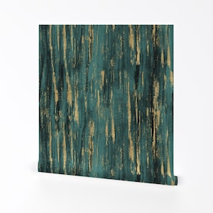 Abstract Wallpaper - Painted Texture Teal By Crystal Walen - Green Gold Custom Printed Removable Self Adhesive Wallpaper Roll by Spoonflower