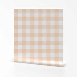Buffalo Plaid Wallpaper - 2.5&quot; Big Buffalo Plaid Peach And White By Sugarpinedesign - Custom Printed Adhesive Wallpaper Roll by Spoonflower