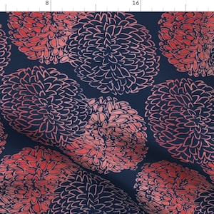 Chrysanthemum Floral Fabric - Ming Chrysanthemum In Navy And Coral Pink By Willowlanetextiles - Fabric by the Yard With Spoonflower