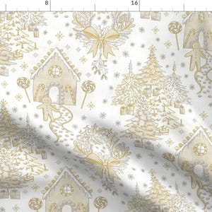 Toile Fabric - Golden Memories Holiday Toile By Ramarama - Gingerbread Christmas Tree Wreath Cotton Fabric By The Yard With Spoonflower