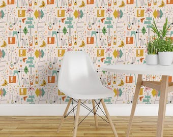 Mid Century Modern Peel and Stick Wallpaper - Bright Pastel Retro Inspired - Removable Wall Decor Art - Space Age Time Travel by bruxamagica