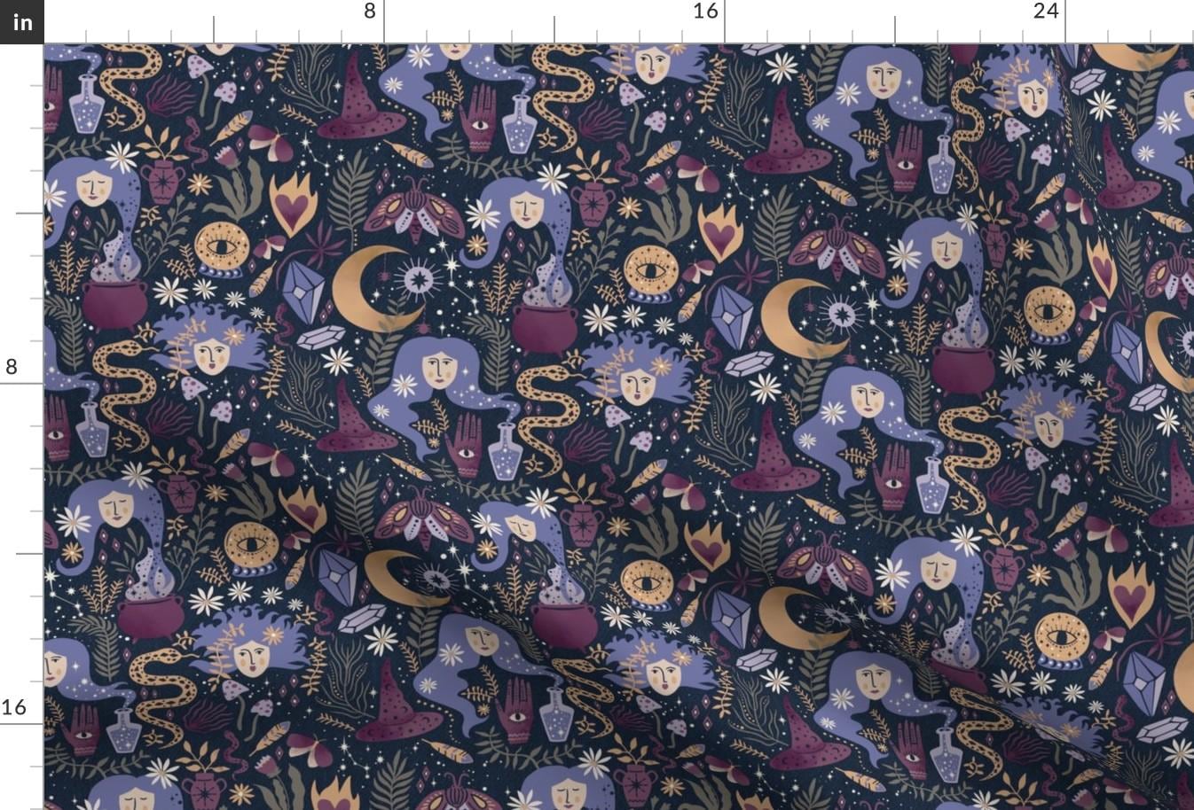 Witch Fabric - Witch  by noralou - Moon Crystal Snakes Heart Witch Hat Third Eye Black Magic Halloween  Fabric by the Yard by Spoonflower
