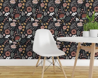 Boho Floral Wallpaper  - Boho Floral On Black By Devondesignco - Dark Garden Flowers Removable Self Adhesive Wallpaper Roll by Spoonflower