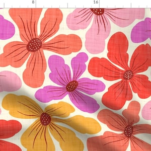May include: A seamless pattern featuring large, stylised flowers in shades of pink, orange, red, and yellow on a cream background.