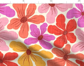 May include: A seamless pattern featuring large, stylized flowers in shades of pink, orange, red, and yellow on a cream background.