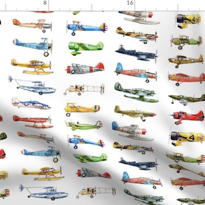 Airplane Fabric - Vintage Airplane Collection By Taranealart - White Red Blue Green Nursery Boys Cotton Fabric By The Yard With Spoonflower